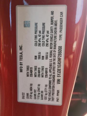 5YJ3E1EA5NF286068 - 2022 TESLA MODEL 3 Czerwony zdjęcie 13