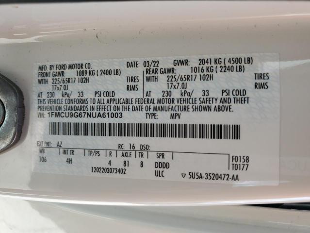 1FMCU9G67NUA61003 - 2022 FORD ESCAPE SE 白色 照片 12