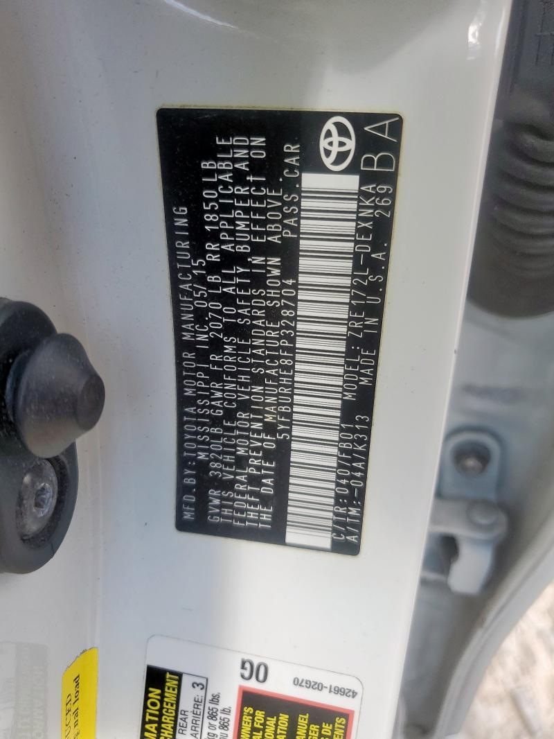 5YFBURHE8FP328704 - 2015 TOYOTA COROLLA L თეთრი ფოტო 12