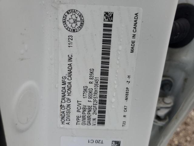 2HGFE2F57RH106451 - 2024 HONDA CIVIC SPORT 白色 照片 12