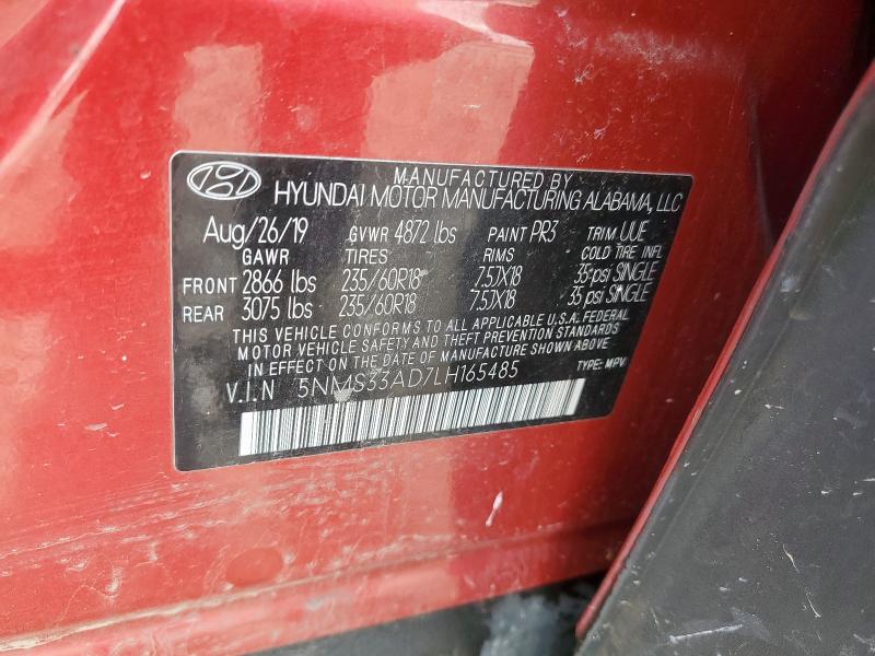 5NMS33AD7LH165485 - 2020 HYUNDAI SANTA FE SEL RED photo 13
