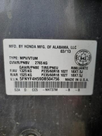 5FNYF4H59DB504756 - 2013 HONDA PILOT EXL გრაფიტი ფოტო 13