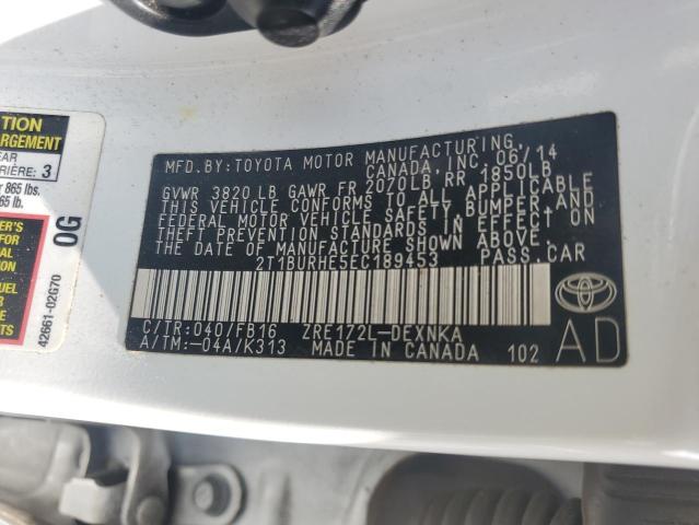 2T1BURHE5EC189453 - 2014 TOYOTA COROLLA L WHITE photo 12