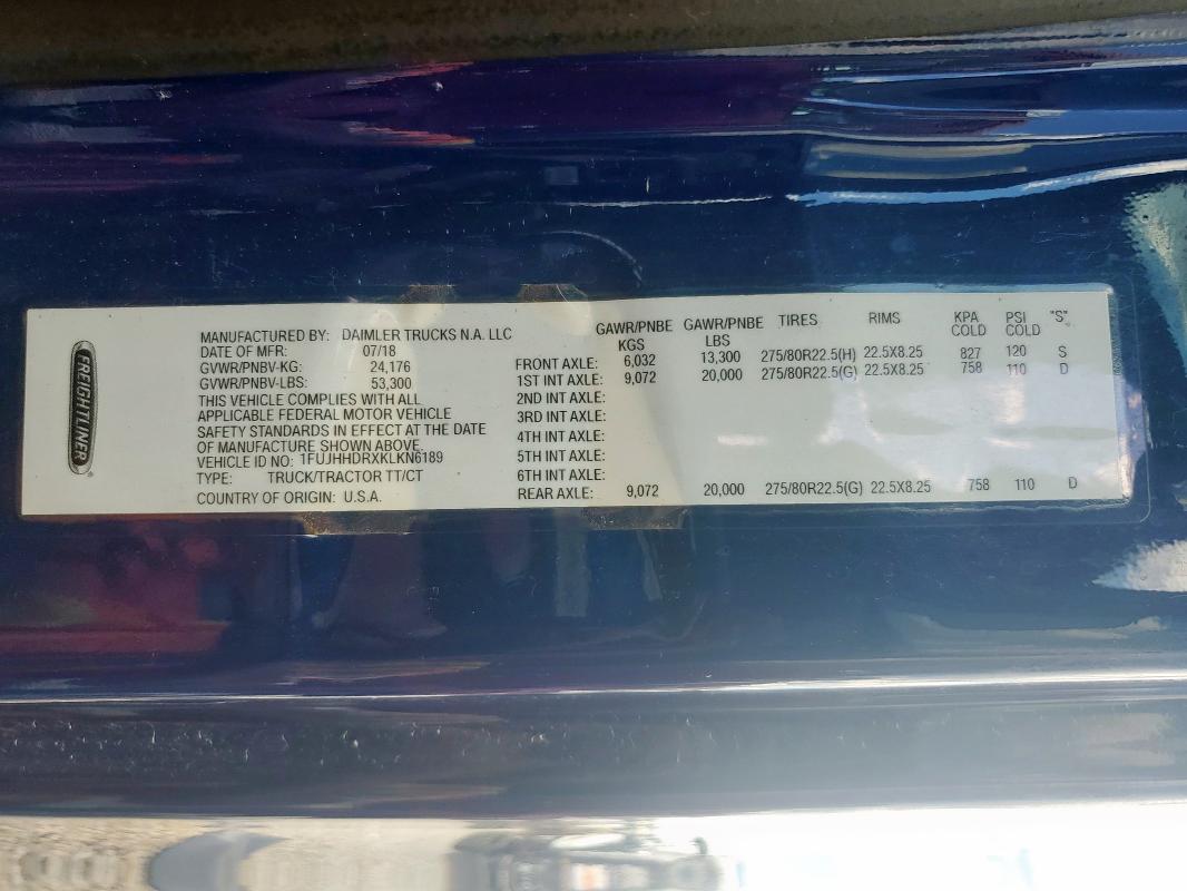 1FUJHHDRXKLKN6189 - 2019 FREIGHTLINER CASCADIA 1 Bleu photo 10