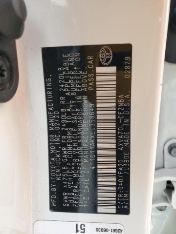 4T1C11AKXLU358649 - 2020 TOYOTA CAMRY LE WHITE photo 12