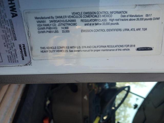 3AKBGADV2JSJN2665 - 2018 FREIGHTLINER CASCADIA 1 Biały zdjęcie 10