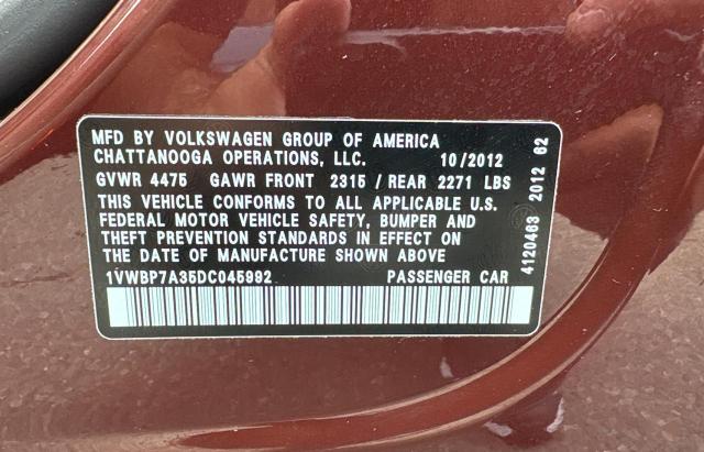 1VWBP7A35DC045992 - 2013 VOLKSWAGEN PASSAT SE 栗色 照片 10