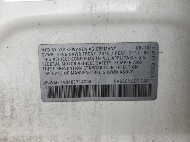 WVWMP7AN4BE714204 - 2011 VOLKSWAGEN CC SPORT WHITE photo 12