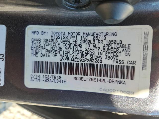 5YFBU4EE9DP202288 - 2013 TOYOTA COROLLA BASE GRAY photo 13