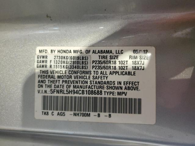 5FNRL5H94CB108688 - 2012 HONDA ODYSSEY TOURING SILVER photo 13