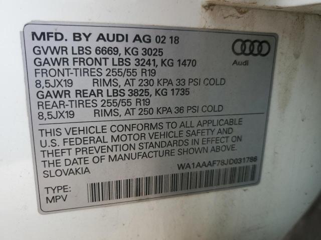 WA1AAAF78JD031786 - 2018 AUDI Q7 PREMIUM WHITE photo 13