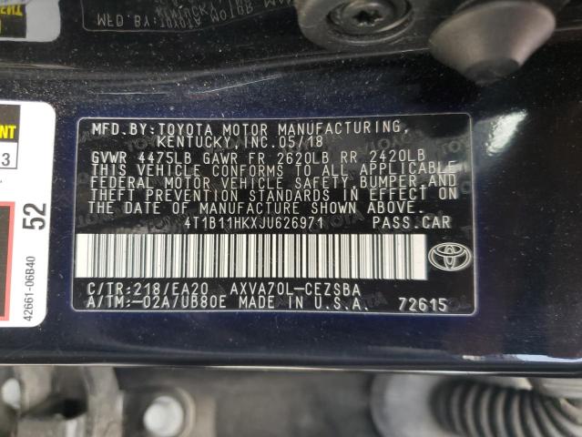 4T1B11HKXJU626971 - 2018 TOYOTA CAMRY L BLACK photo 12