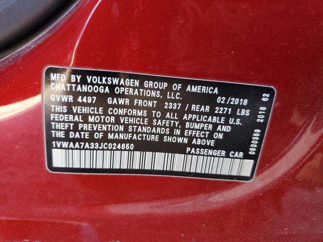 1VWAA7A33JC024650 - 2018 VOLKSWAGEN PASSAT S Կարմիր լուսանկար 13