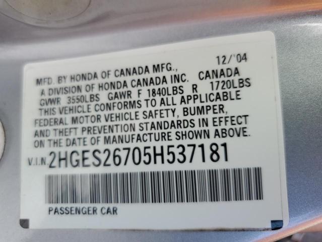 2HGES26705H537181 - 2005 HONDA CIVIC EX SILVER photo 12