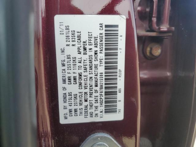 1HGCP3F87BA015598 - 2011 HONDA ACCORD EXL BURGUNDY photo 13
