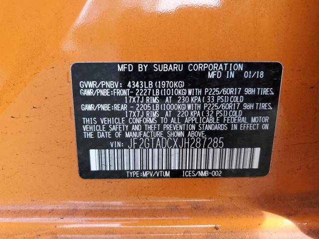 JF2GTADCXJH287285 - 2018 SUBARU CROSSTREK PREMIUM ნარინჯისფერი ფოტო 12