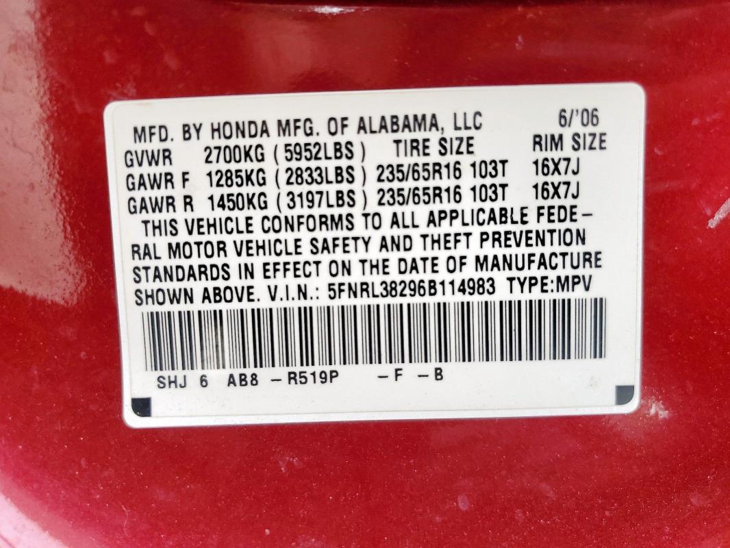 5FNRL38296B114983 - 2006 HONDA ODYSSEY LX ბურგუნდია ფოტო 13