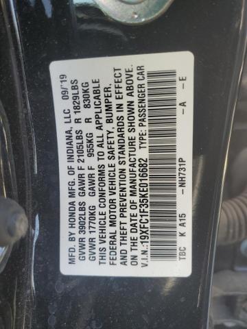 19XFC1F35KE016682 - 2019 HONDA CIVIC EX შავი ფოტო 13
