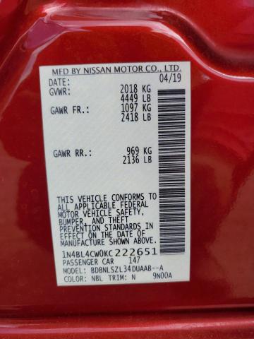 1N4BL4CW0KC222651 - 2019 NISSAN ALTIMA SR RED photo 12