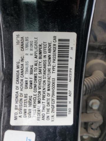 2HGFC2F79HH500653 - 2017 HONDA CIVIC EX BLACK photo 12