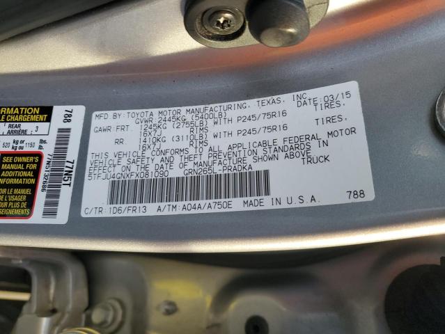 5TFJU4GNXFX081090 - 2015 TOYOTA TACOMA DOUBLE CAB PRERUNNER SILVER photo 12