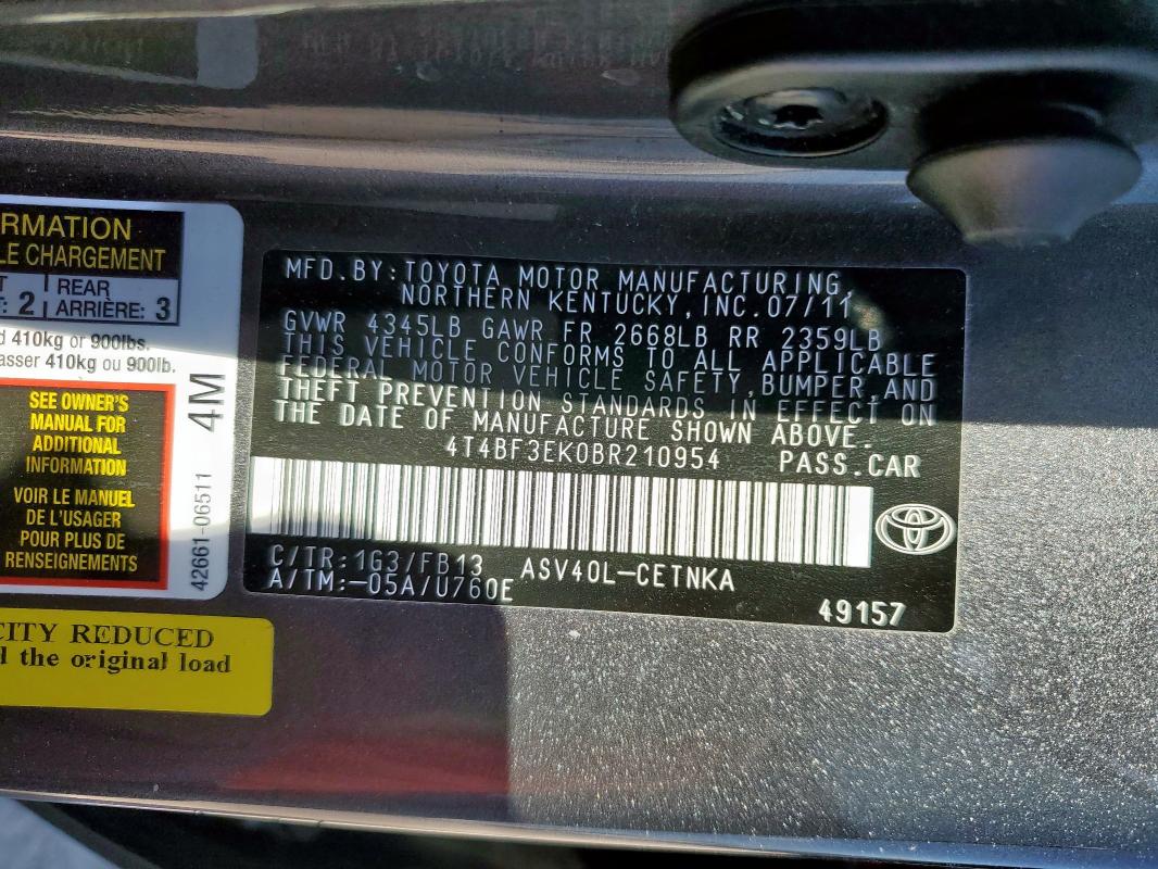 4T4BF3EK0BR210954 - 2011 TOYOTA CAMRY BASE GRAY photo 12