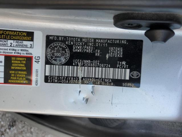 4T1BF3EK6BU706724 - 2011 TOYOTA CAMRY BASE SILVER photo 12