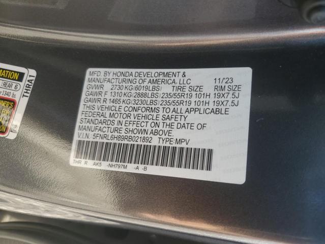 5FNRL6H89RB021892 - 2024 HONDA ODYSSEY TOURING GRAY photo 14