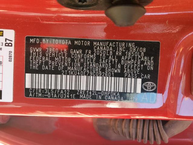 2T1KU40E79C092601 - 2009 TOYOTA COROLLA MA RED photo 12