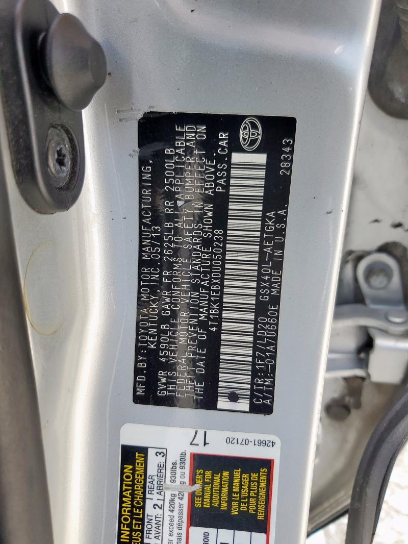 4T1BK1EBXDU050238 - 2013 TOYOTA AVALON BASE Plata foto 12