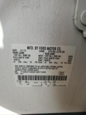 1FM5K7D89FGB71298 - 2015 FORD EXPLORER XLT WHITE photo 13