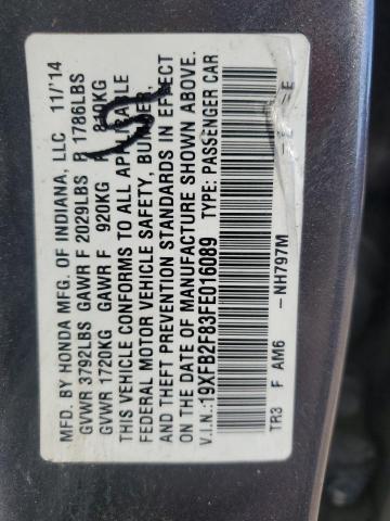 19XFB2F83FE016089 - 2015 HONDA CIVIC EX GRAY photo 12