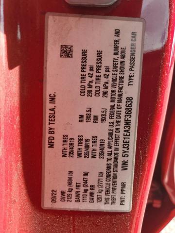 5YJ3E1EA3NF368638 - 2022 TESLA MODEL 3 RED photo 12
