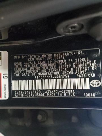 4T1B11HK4JU081754 - 2018 TOYOTA CAMRY L 黑色 照片 12