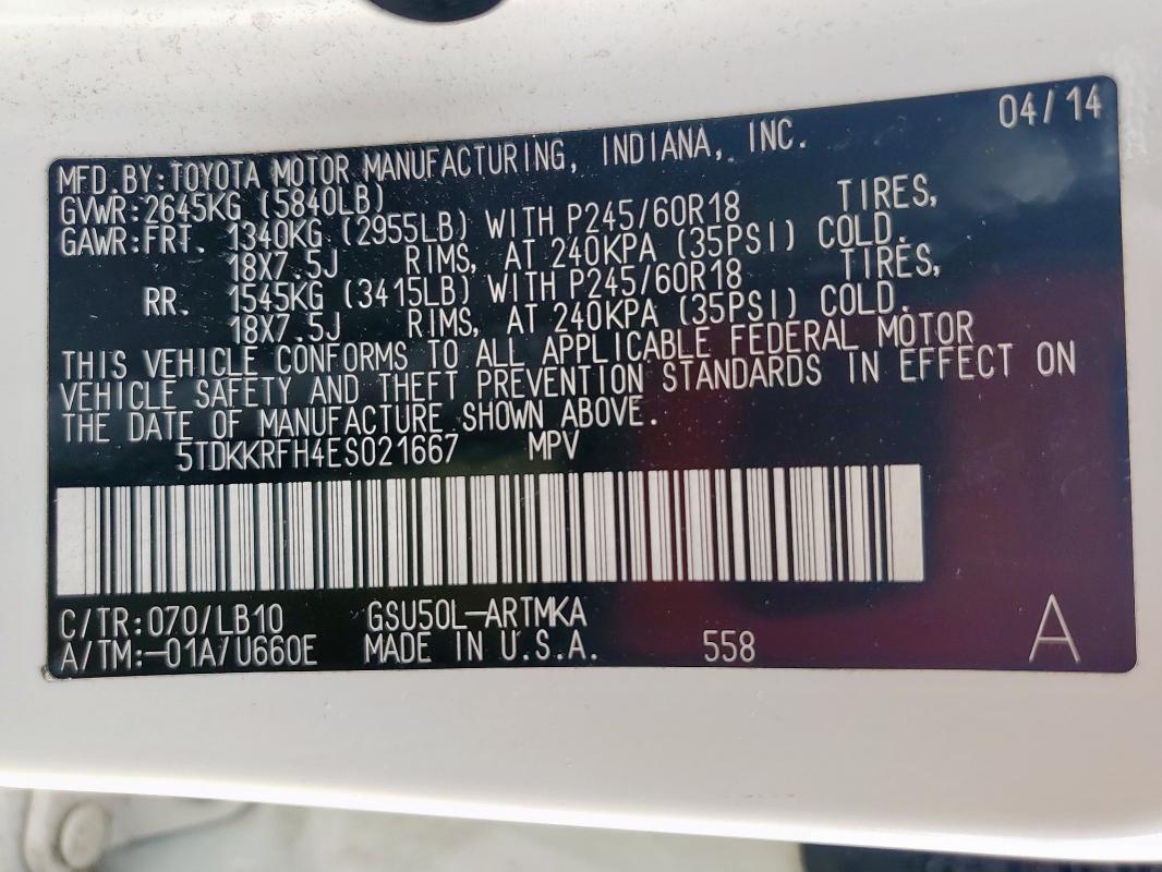 5TDKKRFH4ES021667 - 2014 TOYOTA HIGHLANDER XLE WHITE photo 14