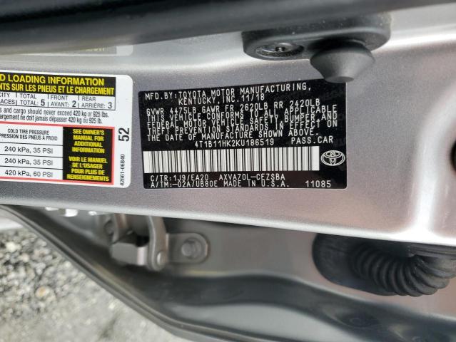 4T1B11HK2KU186519 - 2019 TOYOTA CAMRY L SILVER photo 12