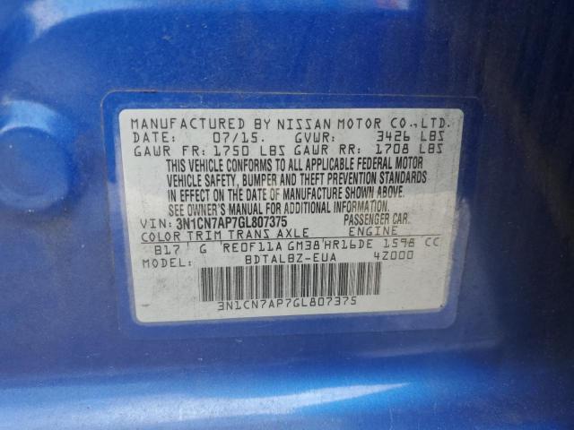 3N1CN7AP7GL807375 - 2016 NISSAN VERSA S BLUE photo 12