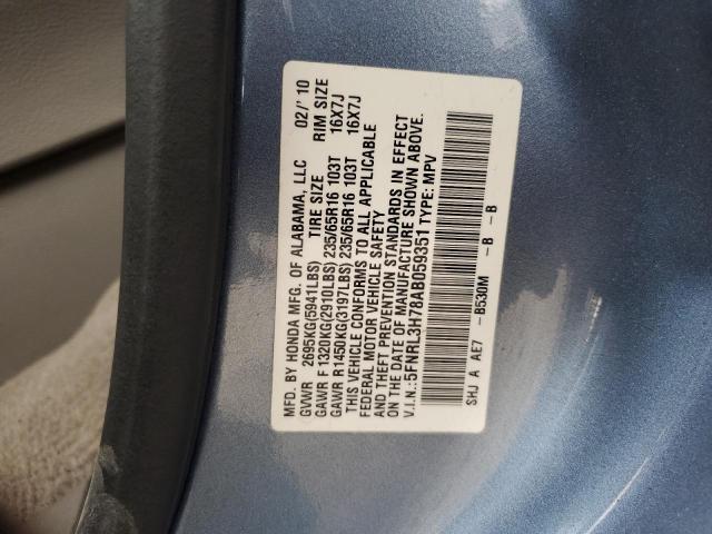 5FNRL3H78AB059351 - 2010 HONDA ODYSSEY EXL BLUE photo 13