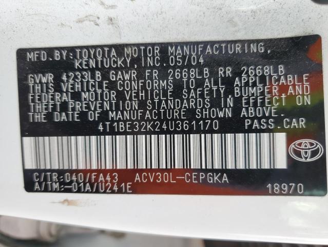 4T1BE32K24U361170 - 2004 TOYOTA CAMRY LE 白色 照片 12