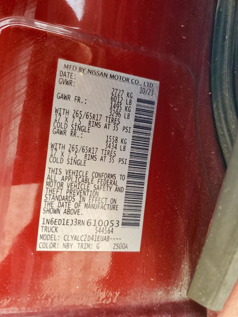 1N6ED1EJ3RN610053 - 2024 NISSAN FRONTIER S მუქწითელი ფოტო 12