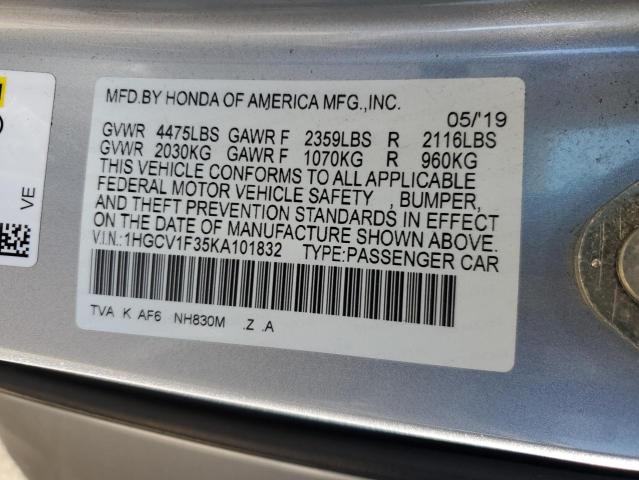 1HGCV1F35KA101832 - 2019 HONDA ACCORD SPORT Серебристый фото 12