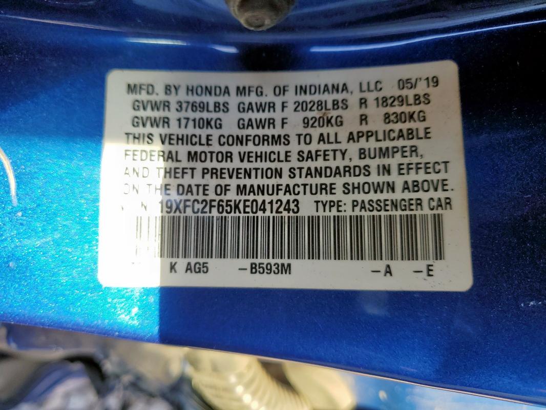 19XFC2F65KE041243 - 2019 HONDA CIVIC LX BLUE photo 12