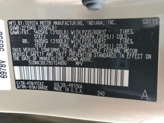 5TDKK3DC7BS124890 - 2011 TOYOTA SIENNA LE 金色 照片 13