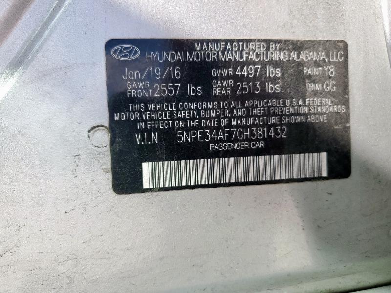 5NPE34AF7GH381432 - 2016 HYUNDAI SONATA SPORT 银色 照片 12