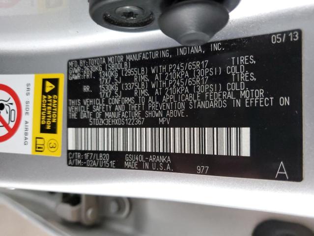 5TDZK3EHXDS122367 - 2013 TOYOTA HIGHLANDER BASE Сріблястий фото 12