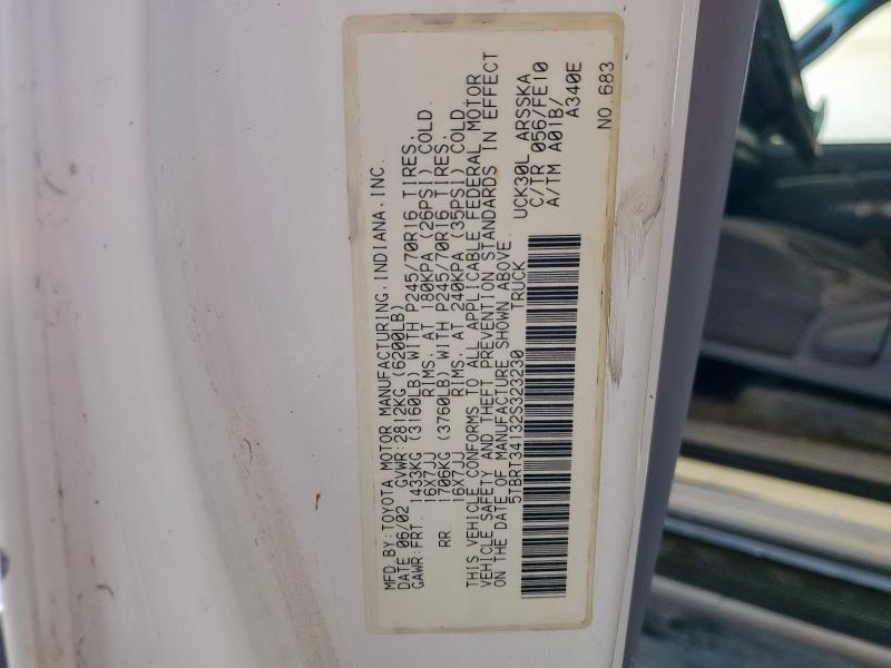 5TBRT34132S323230 - 2002 TOYOTA TUNDRA ACCESS CAB WHITE photo 12