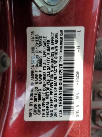 1HGFA165X6L022970 - 2006 HONDA CIVIC LX RED photo 13