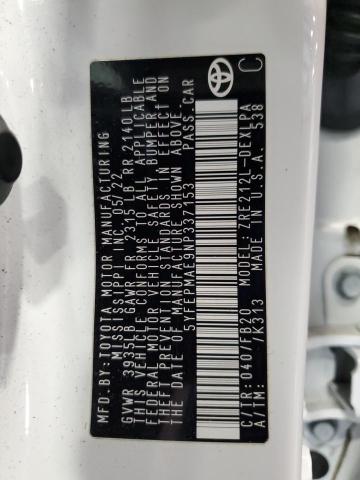 5YFEPMAE9NP337153 - 2022 TOYOTA COROLLA LE თეთრი ფოტო 12