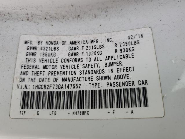1HGCR2F73GA147552 - 2016 HONDA ACCORD EX 白色 照片 12