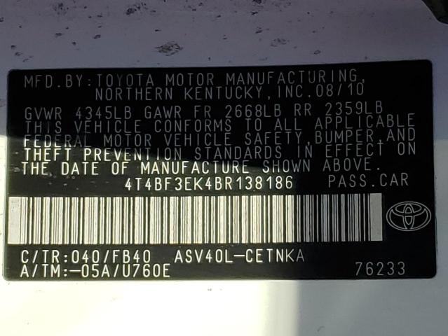 4T4BF3EK4BR138186 - 2011 TOYOTA CAMRY BASE WHITE photo 12